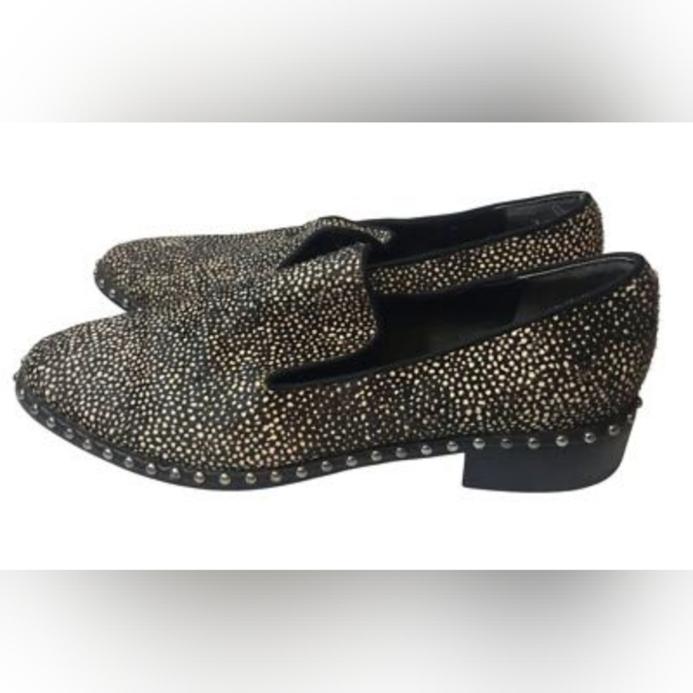 Spotted Black & White Calf Hair Stuffed Loafers Size 6‎